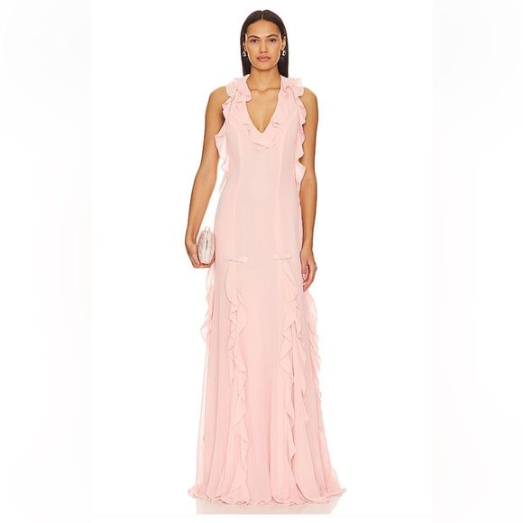 Sau Lee Fiona Dress Baby Pink Ruffle Maxi chiffon gown wedding prom Revolve 4 - Picture 1 of 12